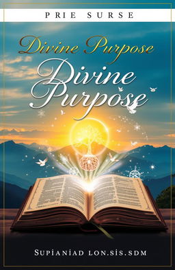 A visually captivating book cover design about 'Divine Purpose' featuring a serene landscape with a golden sunrise peeking over majestic mountains, symbolizing enlightenment and guidance