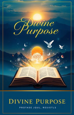 A visually captivating book cover design about 'Divine Purpose' featuring a serene landscape with a golden sunrise peeking over majestic mountains, symbolizing enlightenment and guidance