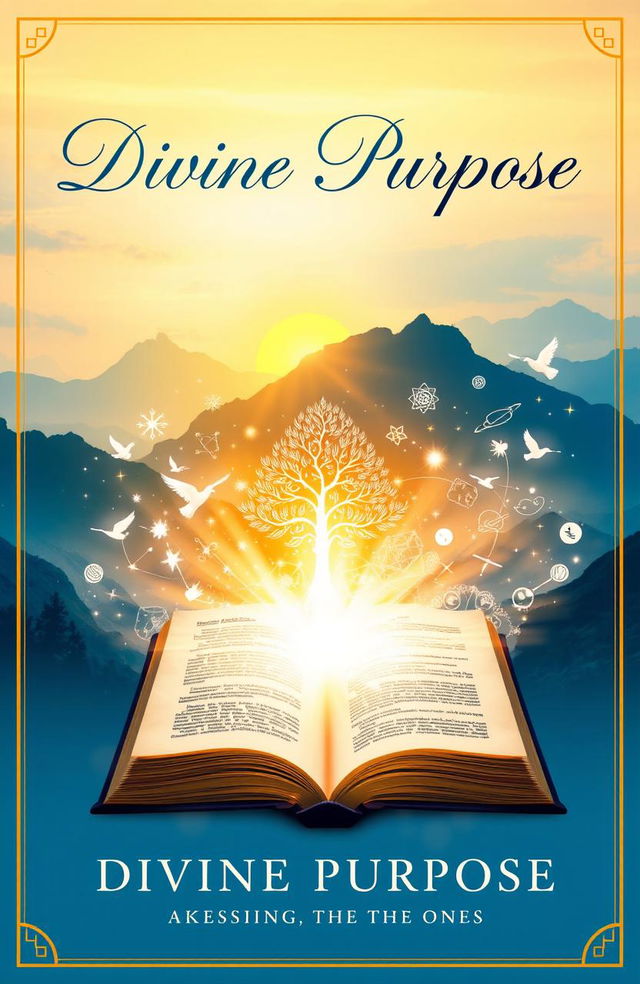A visually captivating book cover design about 'Divine Purpose' featuring a serene landscape with a golden sunrise peeking over majestic mountains, symbolizing enlightenment and guidance