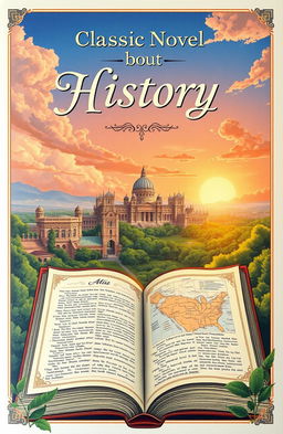 A beautifully illustrated cover for a classic novel about history, featuring a majestic ancient city skyline with grand architecture, lush greenery in the foreground, and a warm sunrise illuminating the scene