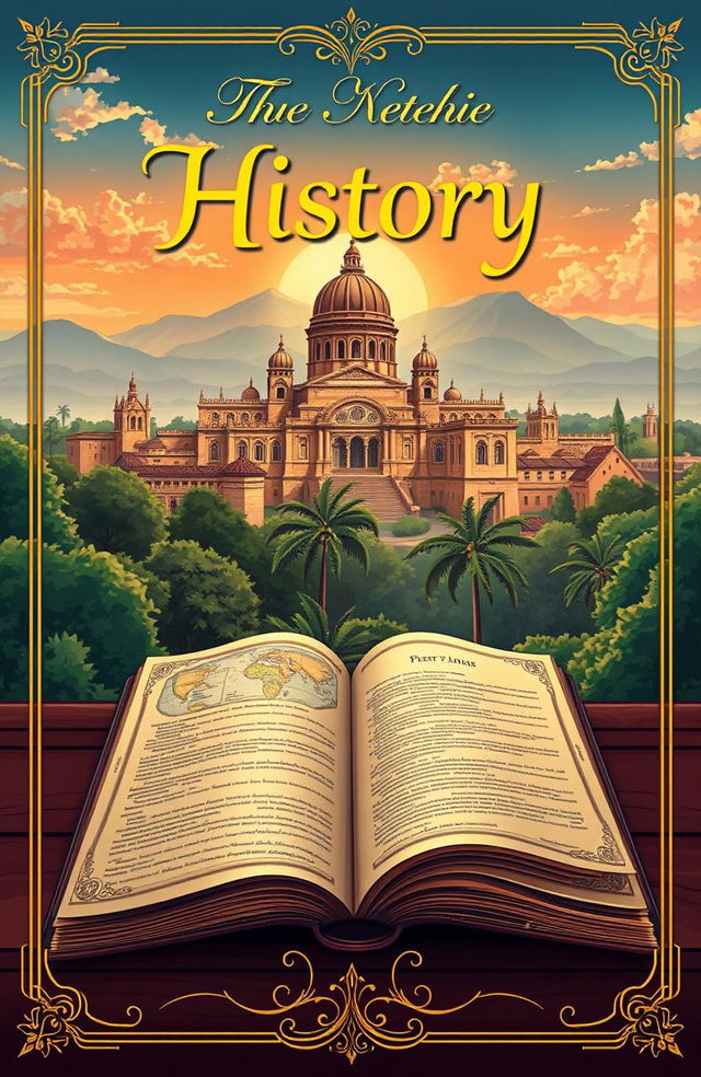 A beautifully illustrated cover for a classic novel about history, featuring a majestic ancient city skyline with grand architecture, lush greenery in the foreground, and a warm sunrise illuminating the scene