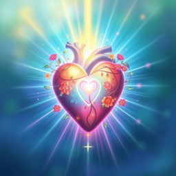 An enchanting artwork depicting a luminous heart, radiating a healing glow surrounded by vibrant bursts of color