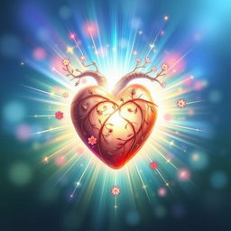 An enchanting artwork depicting a luminous heart, radiating a healing glow surrounded by vibrant bursts of color