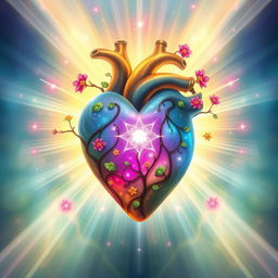 An enchanting artwork depicting a luminous heart, radiating a healing glow surrounded by vibrant bursts of color