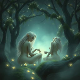 A captivating digital painting of beautiful nude elf women nestled within a mystical forest at night, shrouded in soft fog