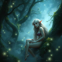 A captivating digital painting of beautiful nude elf women nestled within a mystical forest at night, shrouded in soft fog