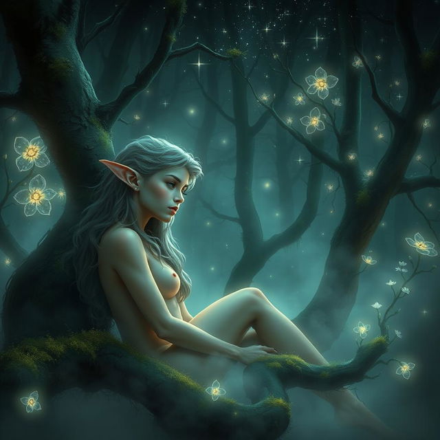 A captivating digital painting of beautiful nude elf women nestled within a mystical forest at night, shrouded in soft fog