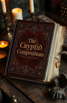 An ancient, leather-bound book with ornate gold embossing on the cover, titled "The Cryptid Compendium