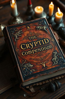 An ancient, leather-bound book with ornate gold embossing on the cover, titled "The Cryptid Compendium