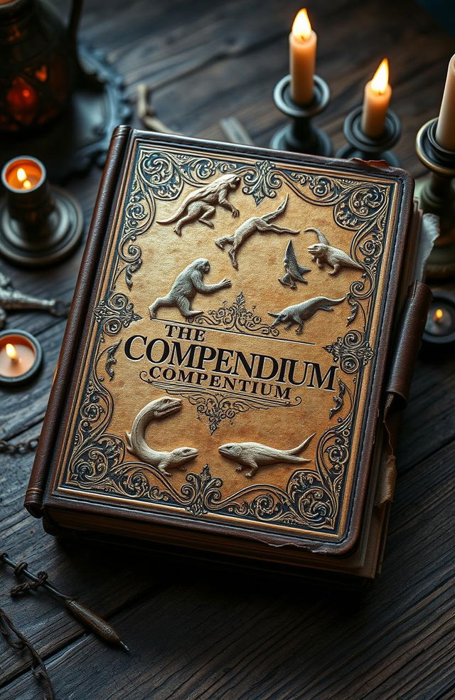 An ancient, leather-bound book with ornate gold embossing on the cover, titled "The Cryptid Compendium