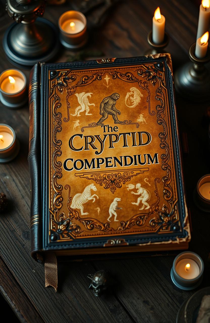 An ancient, leather-bound book with ornate gold embossing on the cover, titled "The Cryptid Compendium