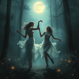 A captivating digital painting featuring beautiful, mysterious nude women dancing gracefully within a foggy forest at night