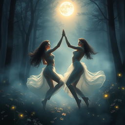 A captivating digital painting featuring beautiful, mysterious nude women dancing gracefully within a foggy forest at night