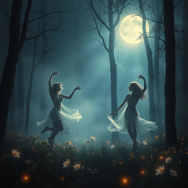 A captivating digital painting featuring beautiful, mysterious nude women dancing gracefully within a foggy forest at night