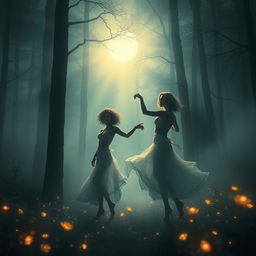 A captivating digital painting featuring beautiful, mysterious nude women dancing gracefully within a foggy forest at night
