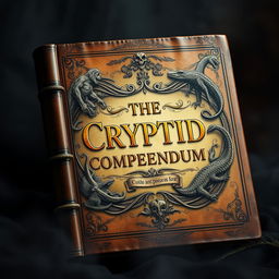 A vintage book cover design for an ancient, leather-bound tome titled "The Cryptid Compendium