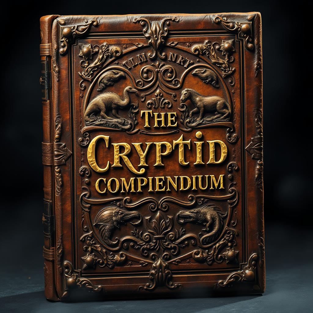 A vintage book cover design for an ancient, leather-bound tome titled "The Cryptid Compendium