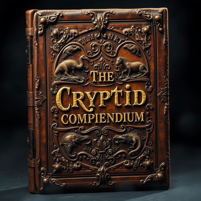 A vintage book cover design for an ancient, leather-bound tome titled "The Cryptid Compendium