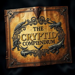 A vintage book cover design for an ancient, leather-bound tome titled "The Cryptid Compendium