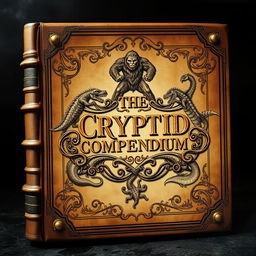 A vintage book cover design for an ancient, leather-bound tome titled "The Cryptid Compendium