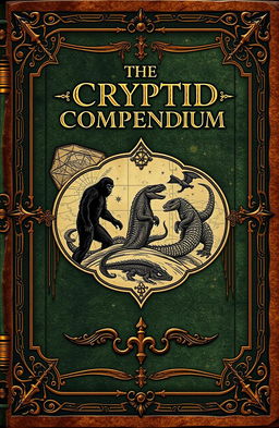An ancient book cover design titled 'The Cryptid Compendium'