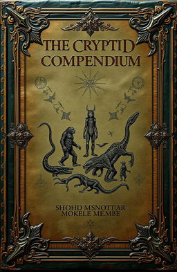 An ancient book cover design titled 'The Cryptid Compendium'