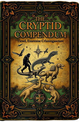 An ancient book cover design titled 'The Cryptid Compendium'