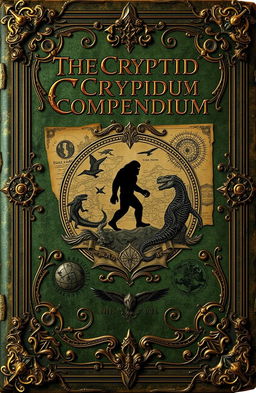 An ancient book cover design titled 'The Cryptid Compendium'