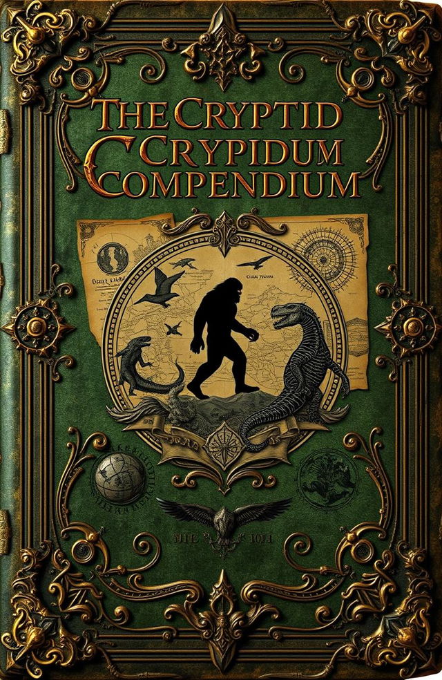 An ancient book cover design titled 'The Cryptid Compendium'