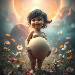 A surreal and striking scene featuring a young, cute character in a fantasy landscape
