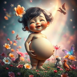 A surreal and striking scene featuring a young, cute character in a fantasy landscape