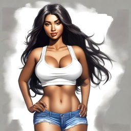 A high-quality digital art piece featuring a full-body portrait of a brunette woman, now with a physique similar to Nicki Minaj