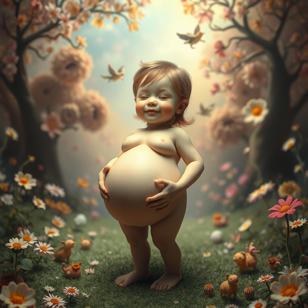 A surreal and striking scene featuring a young, cute character in a fantasy landscape