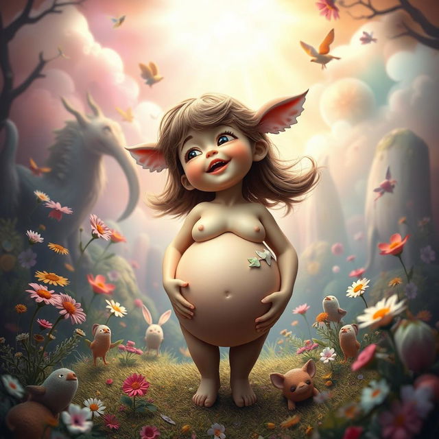 A surreal and striking scene featuring a young, cute character in a fantasy landscape