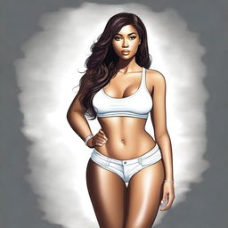 A high-quality digital art piece featuring a full-body portrait of a brunette woman, now with a physique similar to Nicki Minaj