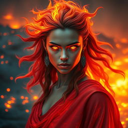 A stunning genasi woman embodying the fire elemental, with vibrant fiery hair that appears to be made of flames, cascading down her shoulders