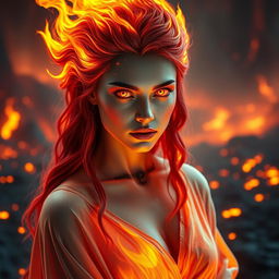 A stunning genasi woman embodying the fire elemental, with vibrant fiery hair that appears to be made of flames, cascading down her shoulders