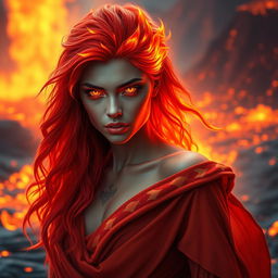 A stunning genasi woman embodying the fire elemental, with vibrant fiery hair that appears to be made of flames, cascading down her shoulders