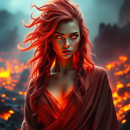 A stunning genasi woman embodying the fire elemental, with vibrant fiery hair that appears to be made of flames, cascading down her shoulders
