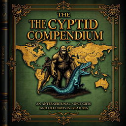An ancient ebook cover design titled 'The Cryptid Compendium: An International Guide to Mythical Beasts and Elusive Creatures'