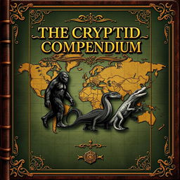 An ancient ebook cover design titled 'The Cryptid Compendium: An International Guide to Mythical Beasts and Elusive Creatures'