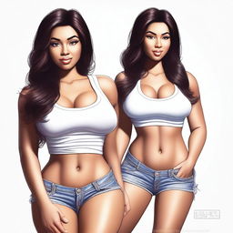 A high-quality digital art piece featuring a full-body portrait of a brunette woman, now with a physique similar to Nicki Minaj