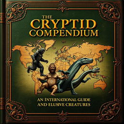 An ancient ebook cover design titled 'The Cryptid Compendium: An International Guide to Mythical Beasts and Elusive Creatures'