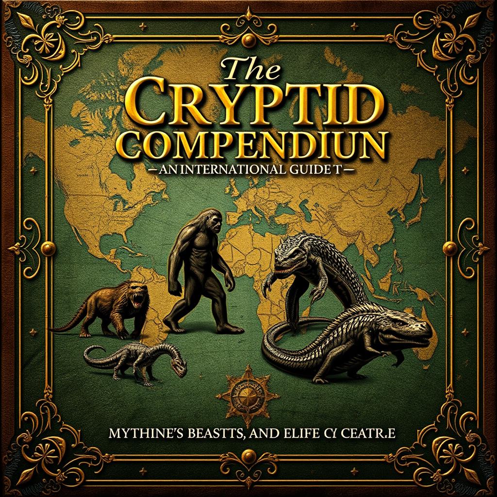 An ancient ebook cover design titled 'The Cryptid Compendium: An International Guide to Mythical Beasts and Elusive Creatures'