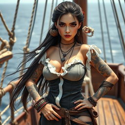 A sexy Chinese pirate girl dressed in a modern pirate outfit, with long hair flowing down her back