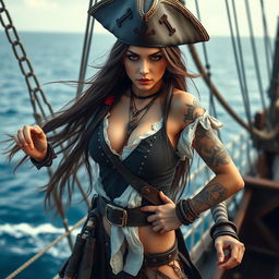 A sexy Chinese pirate girl dressed in a modern pirate outfit, with long hair flowing down her back