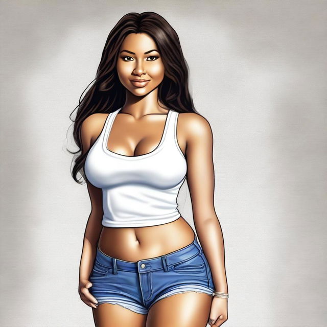 A high-quality digital art piece featuring a full-body portrait of a brunette woman, now with a physique similar to Nicki Minaj