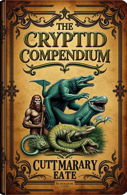 An eBook cover design for a fictional book titled "The Cryptid Compendium: An International Guide to Mythical Beasts and Elusive Creatures"