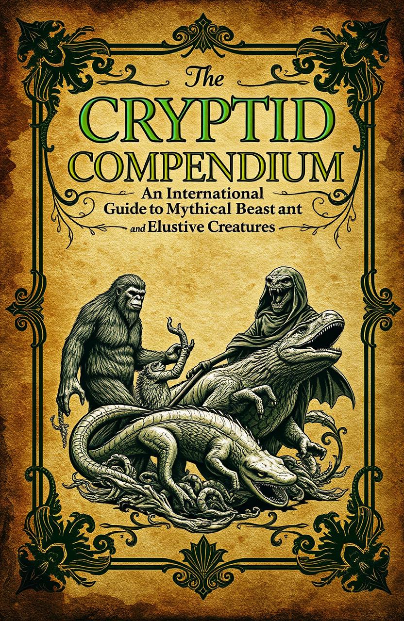 An eBook cover design for a fictional book titled "The Cryptid Compendium: An International Guide to Mythical Beasts and Elusive Creatures"