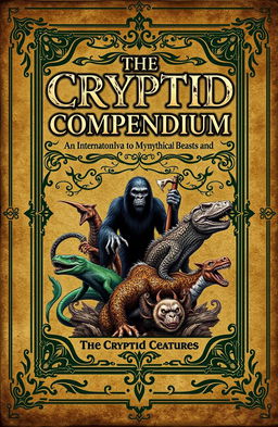 An eBook cover design for a fictional book titled "The Cryptid Compendium: An International Guide to Mythical Beasts and Elusive Creatures"